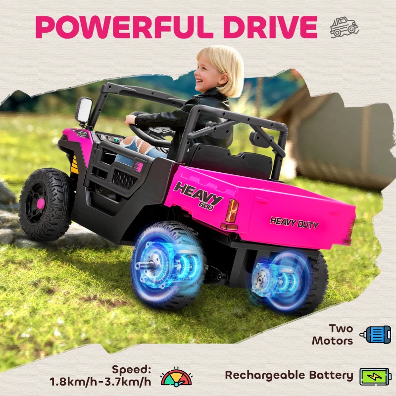 AIYAPLAY Kids Ride on Car, 12V Electric Kids UTV with Electric Dump Bed, 4-Wheel Suspension for 3-8 Years, Pink