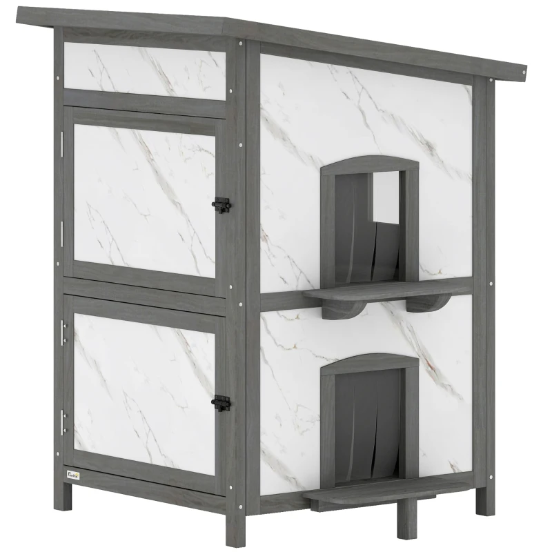 PawHut Caseta exterior para gatos, casa de madera para gatos, múltiples entradas, ventana, resistente al agua, 60 x 60 x 88 cm, Blanco