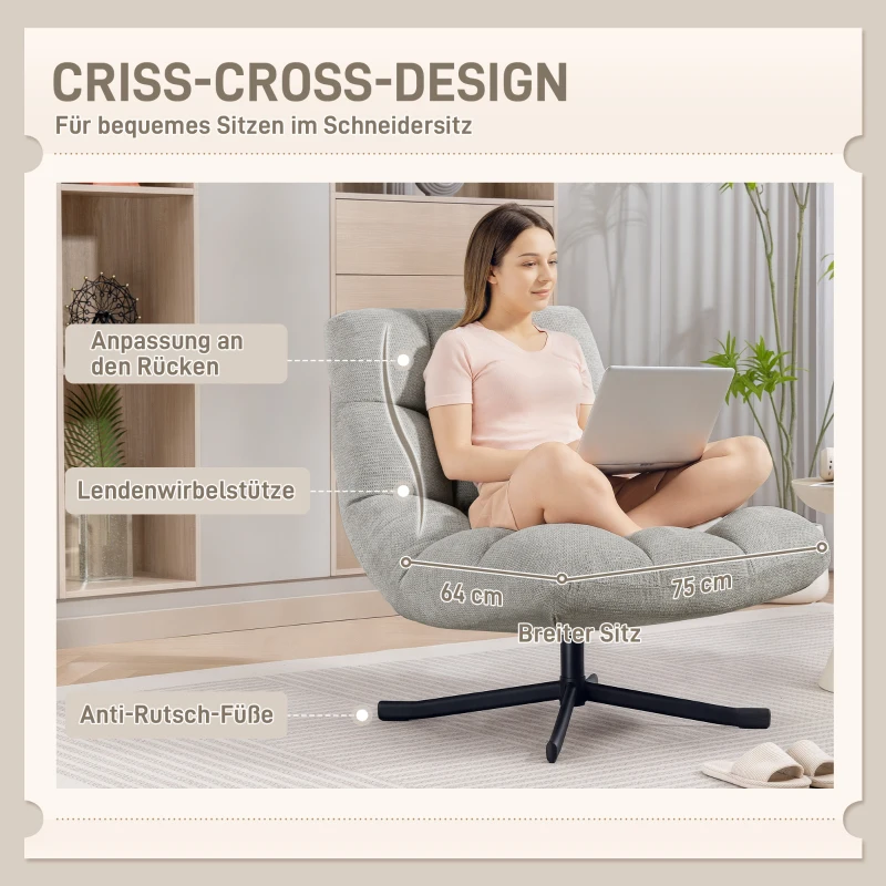 HOMCOM Sessel Drehbar Loungesessel mit Breiter Sitzfläche, wasserabweisend Chenille-Optik, gekreuzt Stahlbeine, Hellgrau
