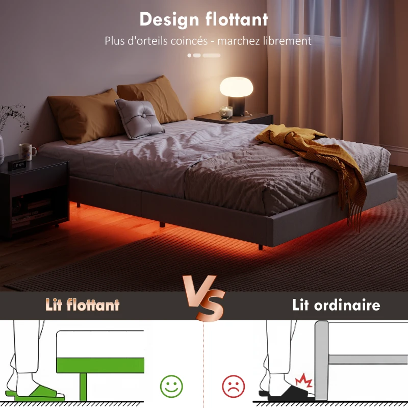 HOMCOM Cadre de lit flottant 140 x 190 cm avec éclairage LED, lit double rembourré en lin, sommier à lattes en bois, beige