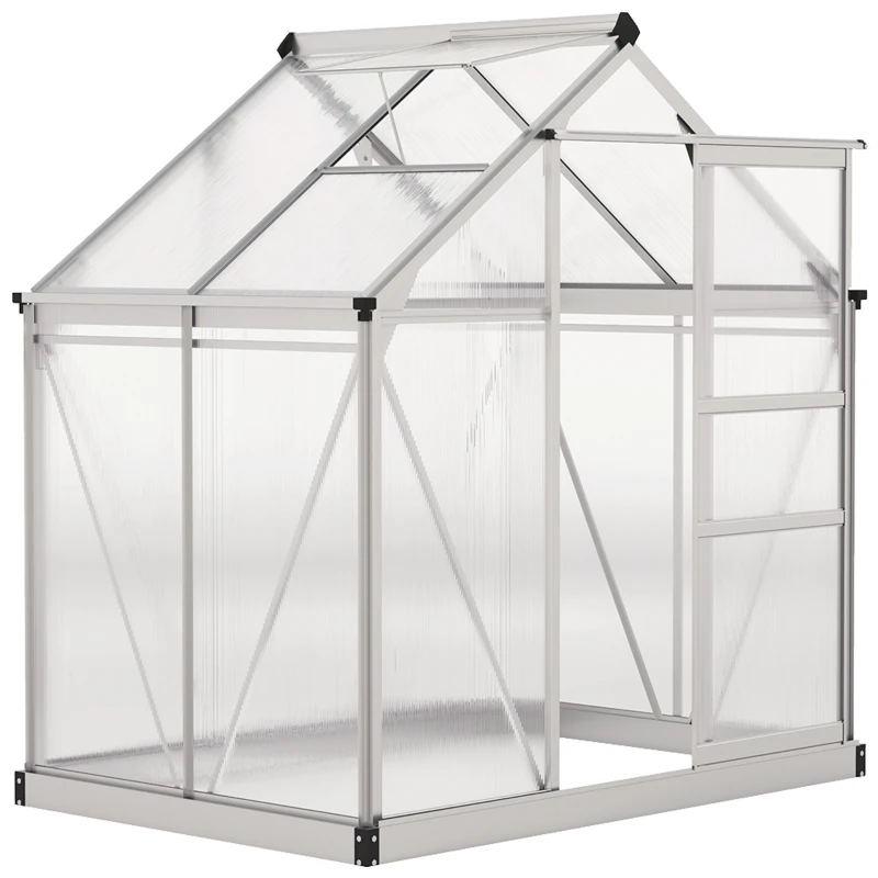 Outsunny Polycarbonate Greenhouse, Large Walk-In Green House with Slide Door and Window, Aluminium Frame, 6x4ft, Silver Tone