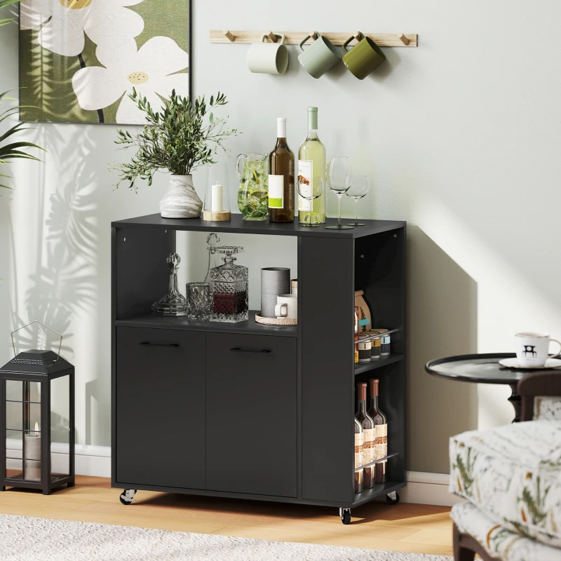 HOMCOM Carrello Cucina in Legno con Ripiano Aperto, Armadietto e Scaffale Laterale, 75x40x80.5 cm, Nero