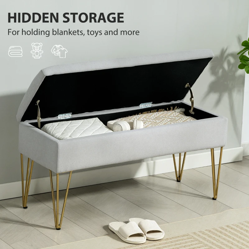 HOMCOM Bancă cu Depozitare din Material Textil și Picioare din Oțel, 100x40x49 cm, Gri Deschis