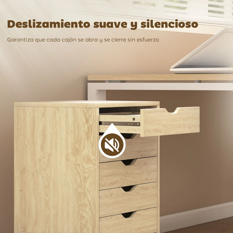 HOMCOM Cajonera Escritorio Archivador Móvil con 6 Cajones Ruedas Guías Deslizantes Silenciosas para Oficina Casa Roble
