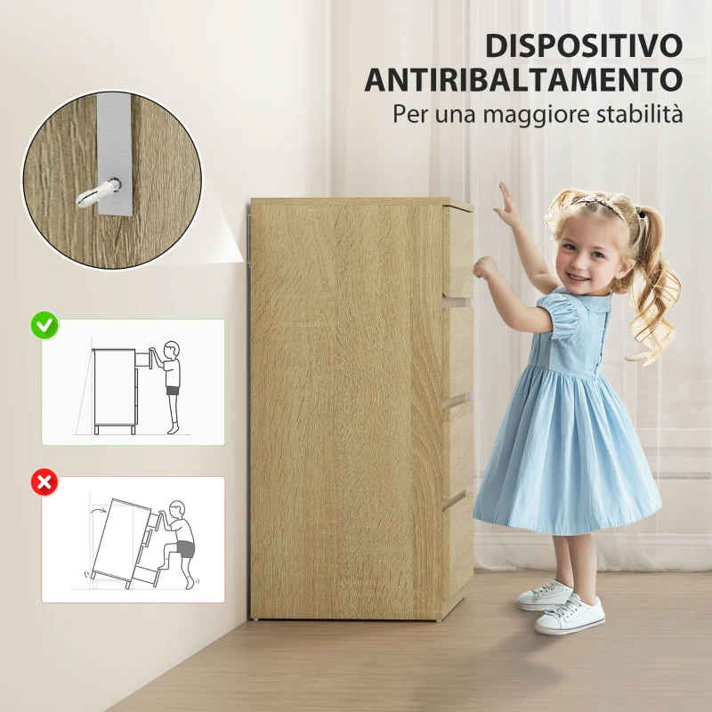 HOMCOM Cassettiera 4 Cassetti in Legno con Guide in Metallo e Maniglie Scanalate, 60x40x80 cm, color Faggio