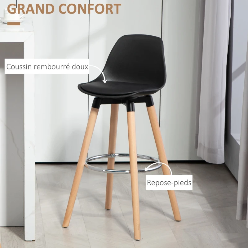 HOMCOM Lot de 2 tabourets de bar, chaises de bar avec dossier et repose-pieds, assise rembourrée, 43 x 43 x 91 cm, noir