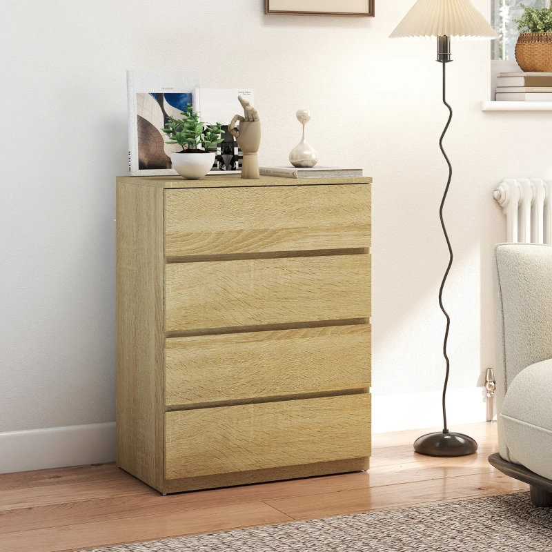 HOMCOM Cassettiera 4 Cassetti in Legno con Guide in Metallo e Maniglie Scanalate, 60x40x80 cm, color Faggio
