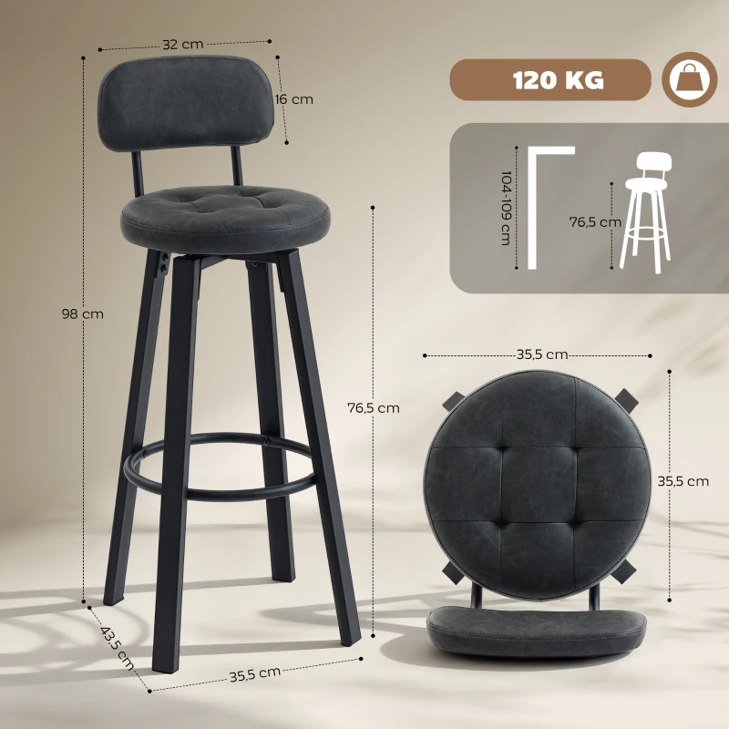HOMCOM Lot de 2 Tabourets de Cuisine Hauts Pivotants Revêtus de PU avec Dossier Structure Métallique Repose-pieds Gris Foncé