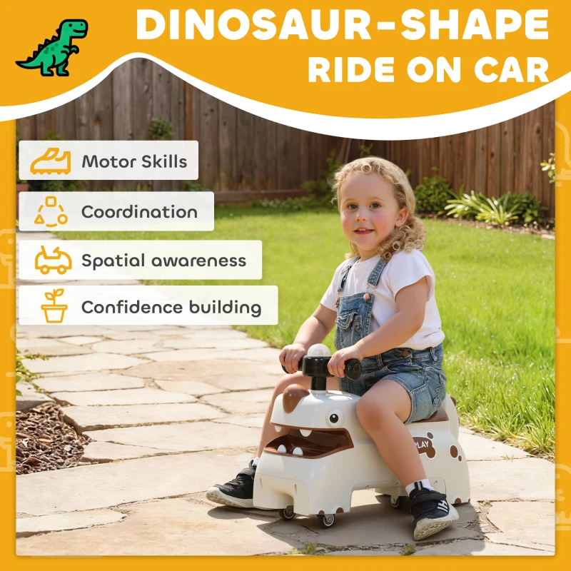 AIYAPLAY Kids Ride On Car, Dinosaur Foot to Floor Slider with Storage, Toddler Walker with Light, Sounds, Cream