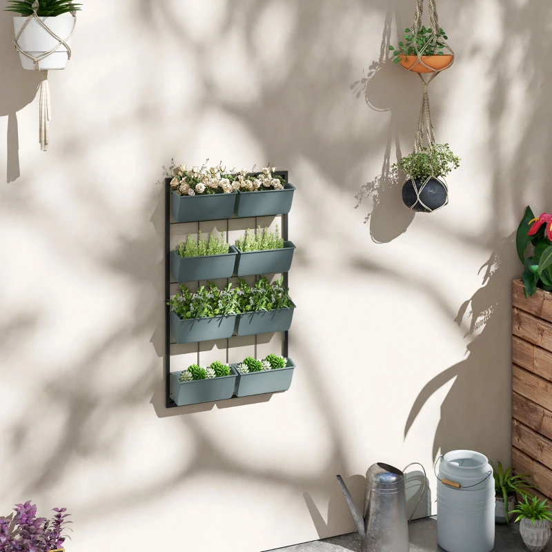 Outsunny Huerto Vertical de Pared a 4 Niveles con 8 Macetas, en Acero y Plástico, 52x14x90 cm, Verde Oscuro y Negro