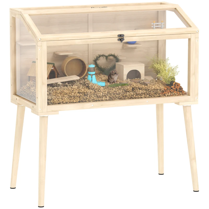 PawHut Gabbia per criceti, recinto per criceti nani, gabbia per piccoli animali con accessori, bottiglia d'acqua, 110 x 52 x 101 cm, legno, plastica