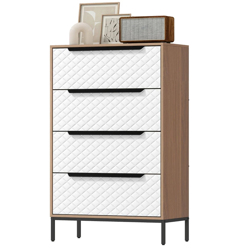 HOMCOM Cómoda com 4 Gavetas de Tecido Frentes com Padrão de Diamante Móvel de Arrumação 59,5,5x30x92,5 cm Madeira e Branco