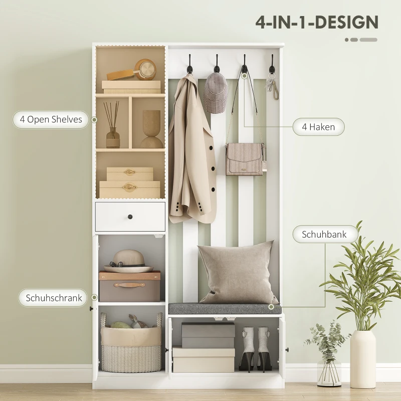 HOMCOM 180 cm Garderobenschrank mit Kleiderständer, Schuhbank, 4 Haken, offene Ablageflächen, MDF, Weiß