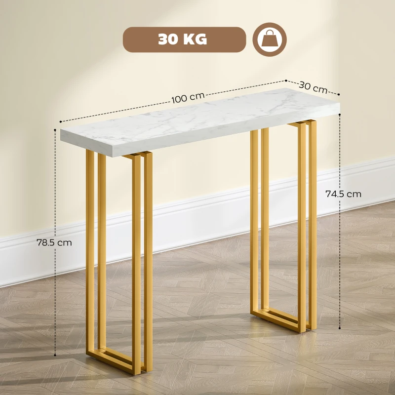 HOMCOM Console table, entryway table, with marble-effect top, steel frame, 100 x 30 x 78.5 cm, white & gold