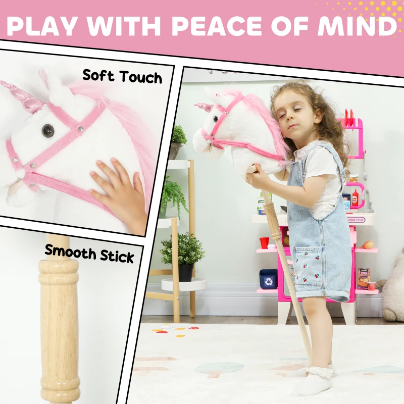 AIYAPLAY Unicorn Stick Horse with Wood Wheels, Real Pony Neighing and Galloping Sounds, Grip Handle, 95 cm, White