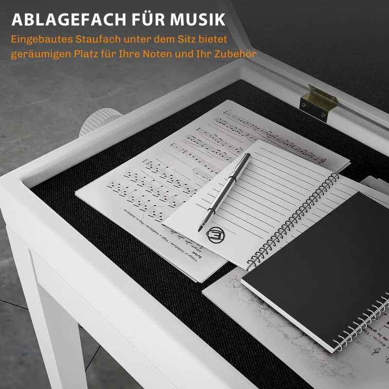 HOMCOM Klavierbank Höhenverstellbar Sitzbank mit Stauraum, Holzbeine, aus Kunstleder, 54,5 x 33 x 48-58 cm, Weiß