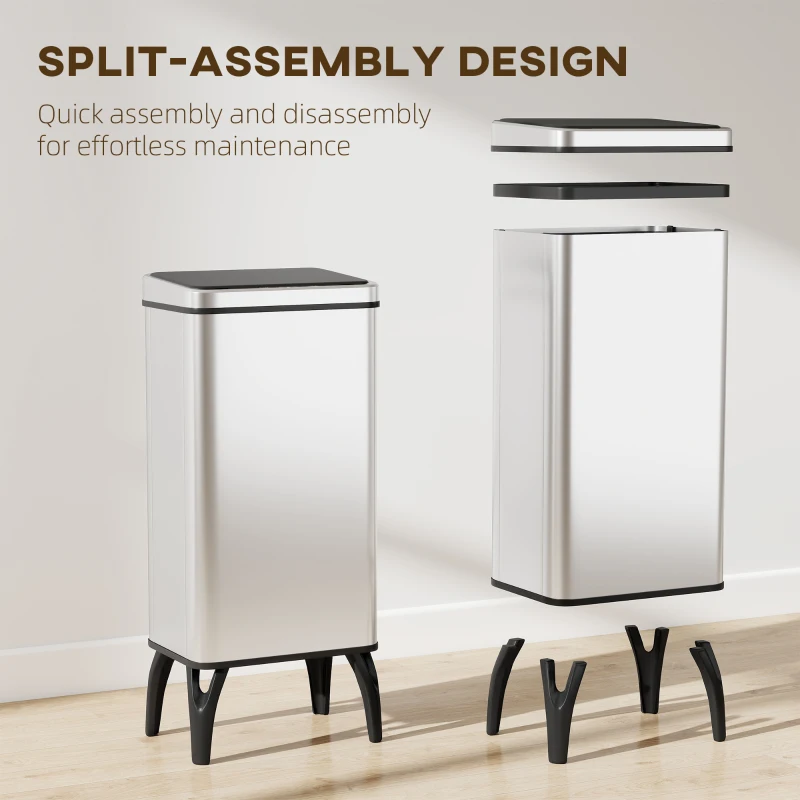 HOMCOM Automatischer Küchenmülleimer 50 L, Edelstahl-Küchenabfalleimer mit Infrarotsensor, Soft-Close, Silber