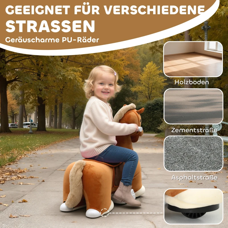 AIYAPLAY Fahrbares Reitpferd für Kinder, weicher Bezug, Batteriebetrieb, Musik, Räder, 1,5-5 Jahre, Braun