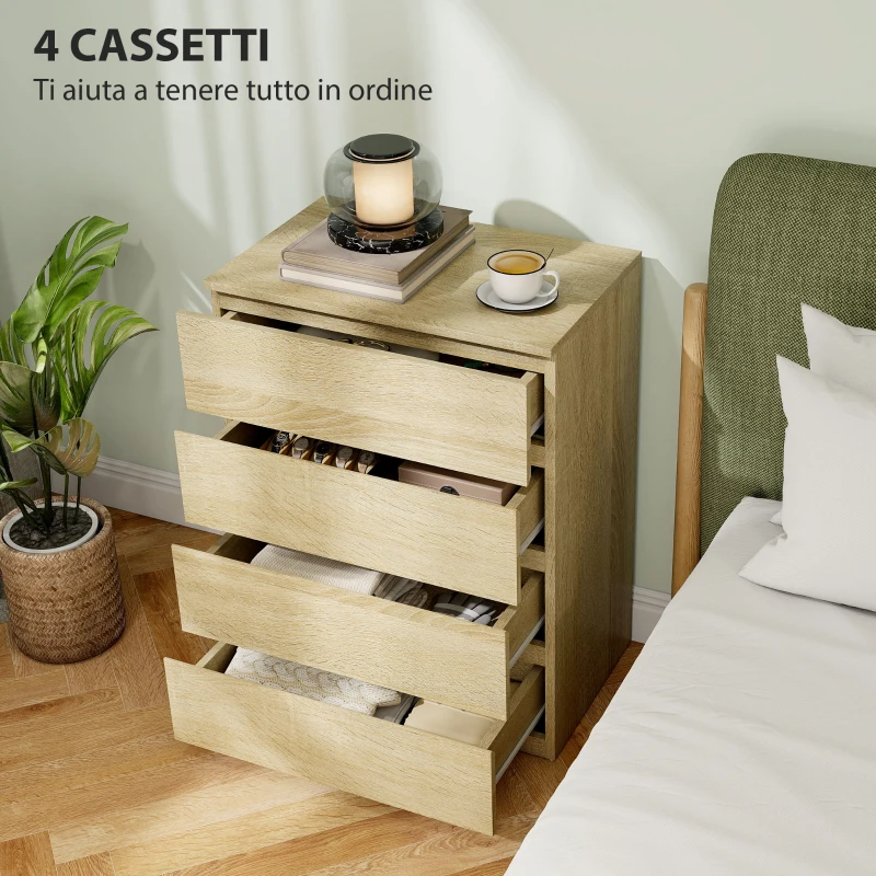 HOMCOM Cassettiera 4 Cassetti in Legno con Guide in Metallo e Maniglie Scanalate, 60x40x80 cm, color Faggio