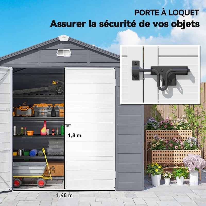 Outsunny Abri de jardin en résine 4,56 m² avec kit de fondation galvanisé structure en aluminium 240 x 190 x 228 cm gris foncé