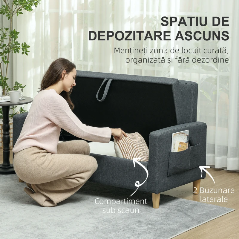 HOMCOM Canapea Modernă cu 2 Locuri, Brațe, 2 Perne Detașabile și Spațiu pentru Depozitare, 135x72x84 cm, Gri