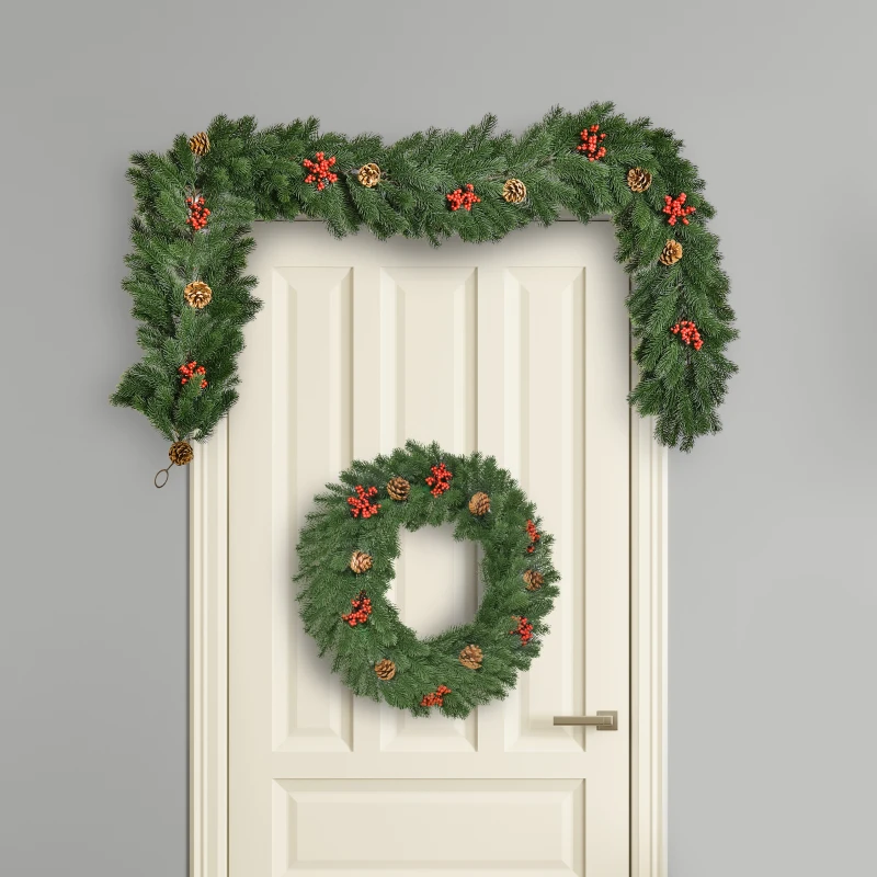 HOMCOM Weihnachtsgirlande 1,9m Tannengirlande Weihnachtsdeko mit Tannenzapfen Beeren Künstliche Girlande Weihnachtsgirlande für Innen & Außen, Grün