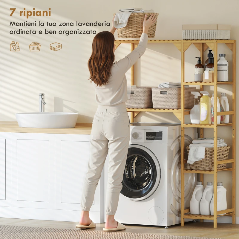 HOMCOM Mobile Sopra Lavatrice a 7 Ripiani con Spazio Regolabile, in Bambù, 100x40x157 cm, color Legno