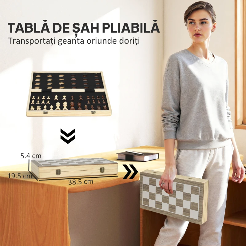 SPORTNOW Tablă de Șah Pliabilă pentru Șah și Dame cu Compartimente, din Lemn și Metal, 38.5x38.5x2.8 cm, Alb și Nuc