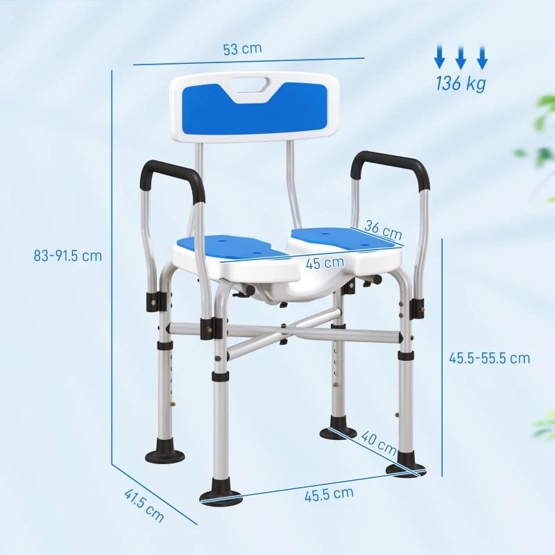 HOMCOM Scaun de Duș cu Spătar, Brațe, Șezut Canelatat, Bare de Ranforsare și Înălțime Reglabilă, 53x41,5x78,5-91,5 cm, Albastru