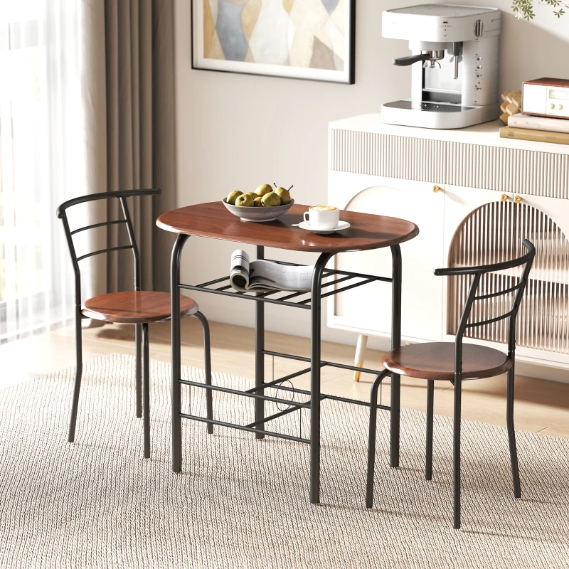 HOMCOM 3-Piece Dining Table Set , Metal Frame Wood Top Breakfast Bar Table Set for 2, Dining Table w/Storage Shelf & 2 chairs