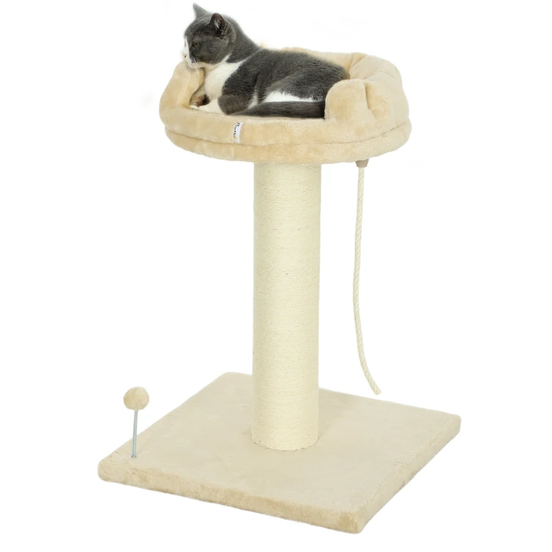 PawHut Árbol Rascador para Gatos Pequeños con Plataforma Cuerda Bola con muelle y Poste de Sisal 55x55x83 cm Beige