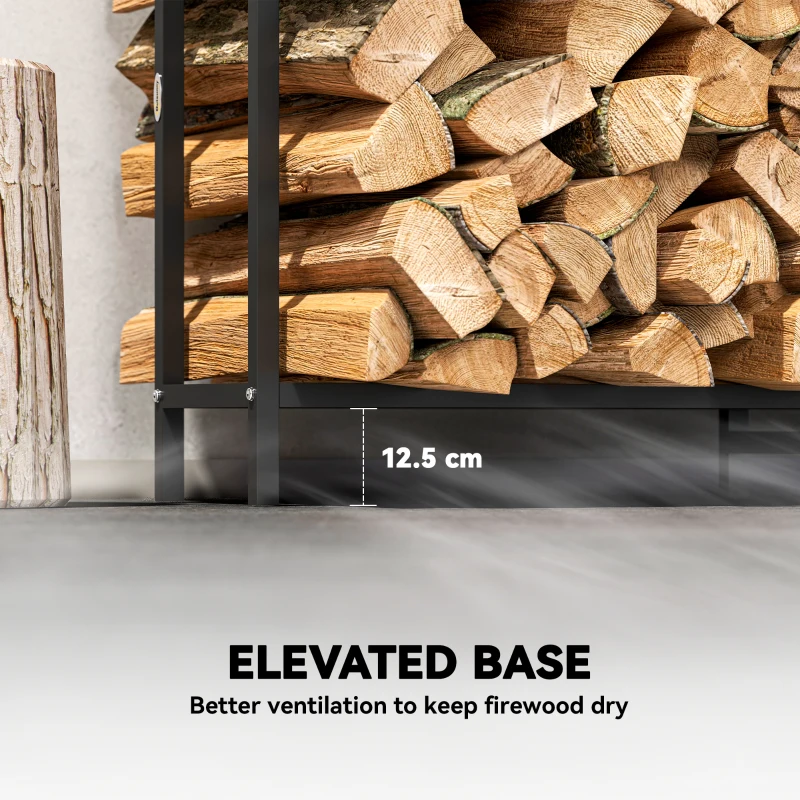 Outsunny 6.5 FT Steel Firewood Log Rack with 300 kg Capacity, Heavy Duty Indoor Outdoor Fireplace Wood Storage Shelf, Log Holder/Stand with Extra Support Legs, Decorative Bonfire Pattern, Black
