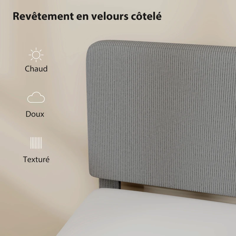 HOMCOM Cadre de lit 160 x 200 cm, sommier à lattes en bois, tête de lit réglable, lit double rembourré en velours côtelé, gris