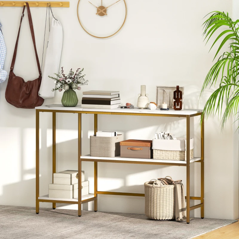 HOMCOM Mueble consola 120 cm, mesa consola de 3 niveles con estantes de almacenamiento, tableros efecto mármol, blanco y dorado