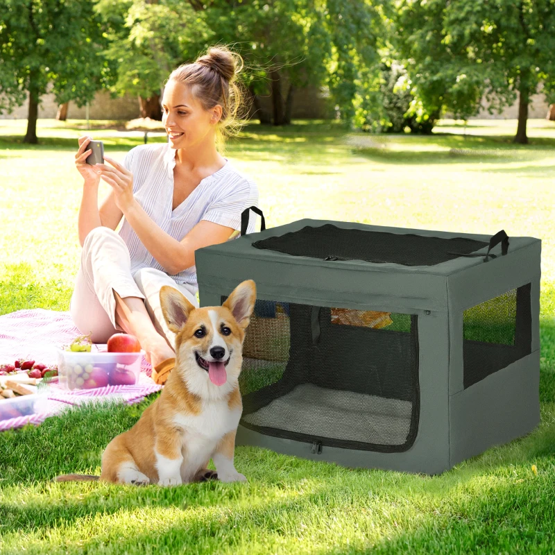 PawHut Sac de transport pliable pour animaux de compagnie avec poignée tissu en maille 79,5L x 57l x 57H cm gris noir