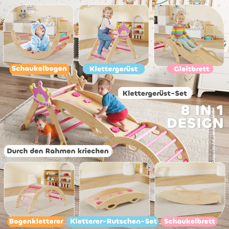 AIYAPLAY 8-in-1 Indoor-Klettergerüst für Kinder, Prinzessinnen-Design, Rutsche, Rampe, Bogen, Holz
