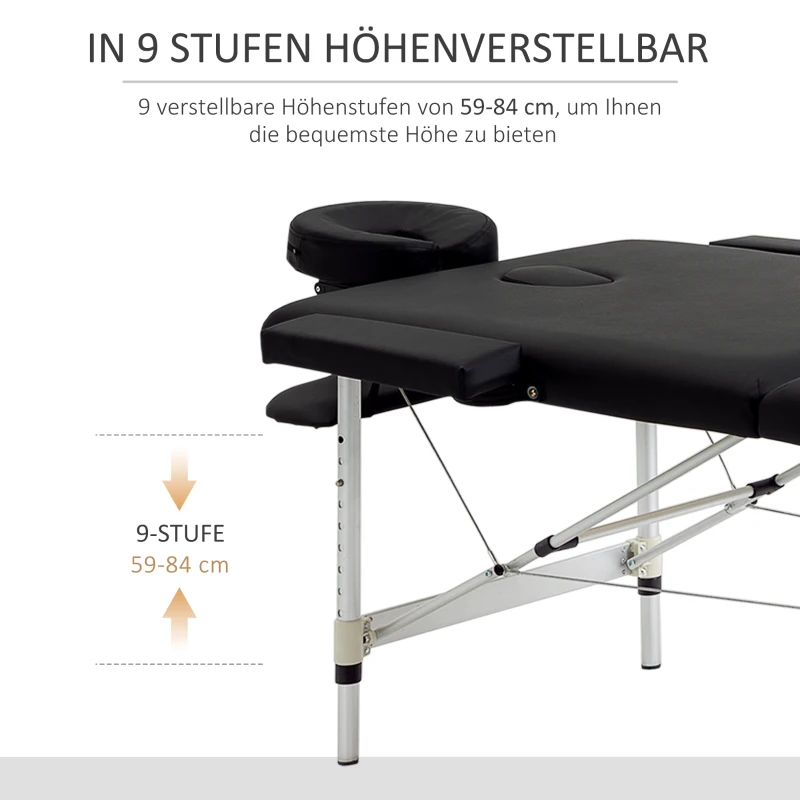HOMCOM Massageliege, 2 Zonen klappbarer Massagetisch mit Kunstleder, Kopfstütze, Armlehnen, Tasche, höhenverstellbare Massagebank 90cm Breit bis 225 kg belastbar, Schwarz