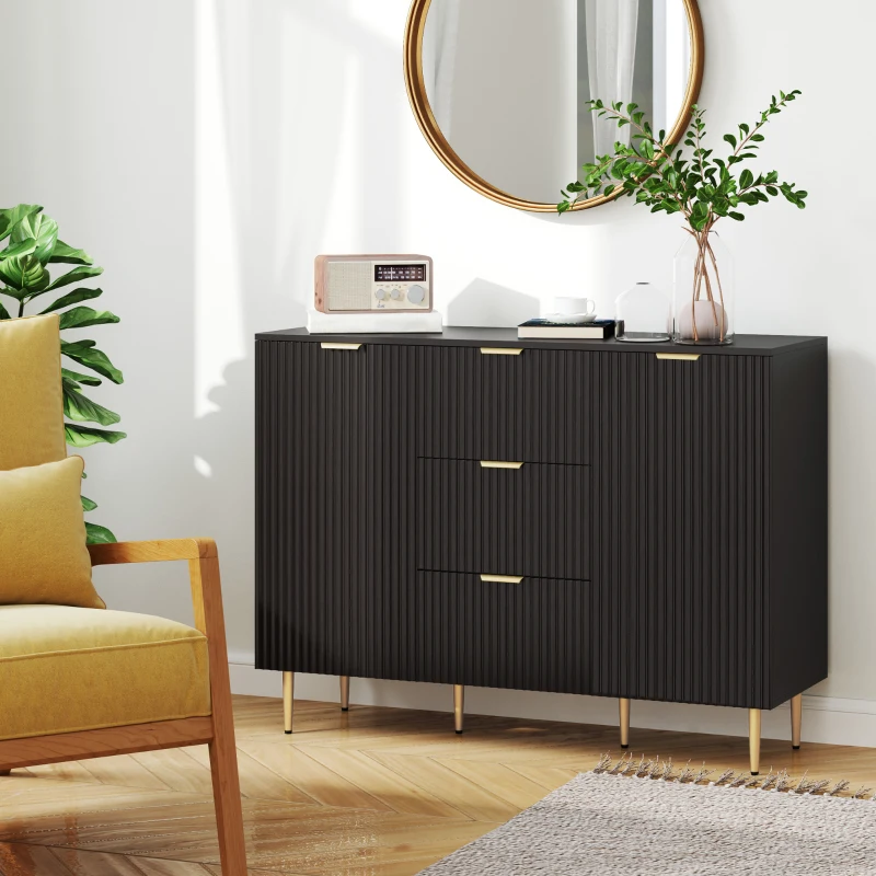 HOMCOM Buffet meuble cuisine rangement avec 3 tiroirs, étagères réglables, placards à portes cannelées, 120 x 40 x 90 cm, noir