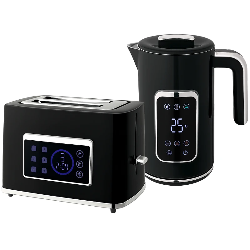 HOMCOM Wasserkocher und Toaster-Set mit LED-Touchscreen, 1,7 L, 2 Toasterschlitze, verschiedene Modi und Funktionen, Schwarz