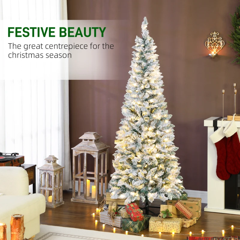 HOMCOM Brad de Crăciun Înzăpezit cu 180 de Lumini LED cu 11 Efecte și 479 de Ramuri, Ø65x180 cm, Verde și Alb