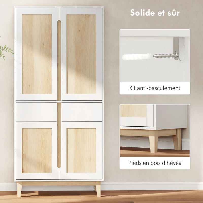 HOMCOM Buffet haut cuisine, armoire de cuisine avec 4 portes, 2 tiroirs et étagères réglables, 80x35x170cm, blanc et chêne(m-7)