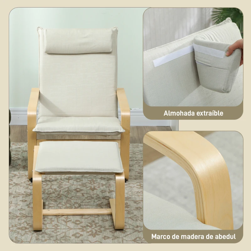 HOMCOM Sillón con Reposapiés Sillón Lectura con Respaldo Alto Reposacabezas Extraíble Patas de Madera y Tapizado en Lino Crema