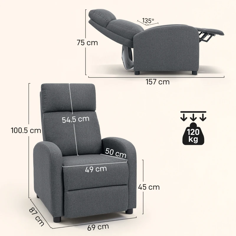 HOMCOM Poltrona Relax Imbottita e Reclinabile a 135° e Poggiapiedi in Tessuto, 69x87x100.5 cm, Grigio
