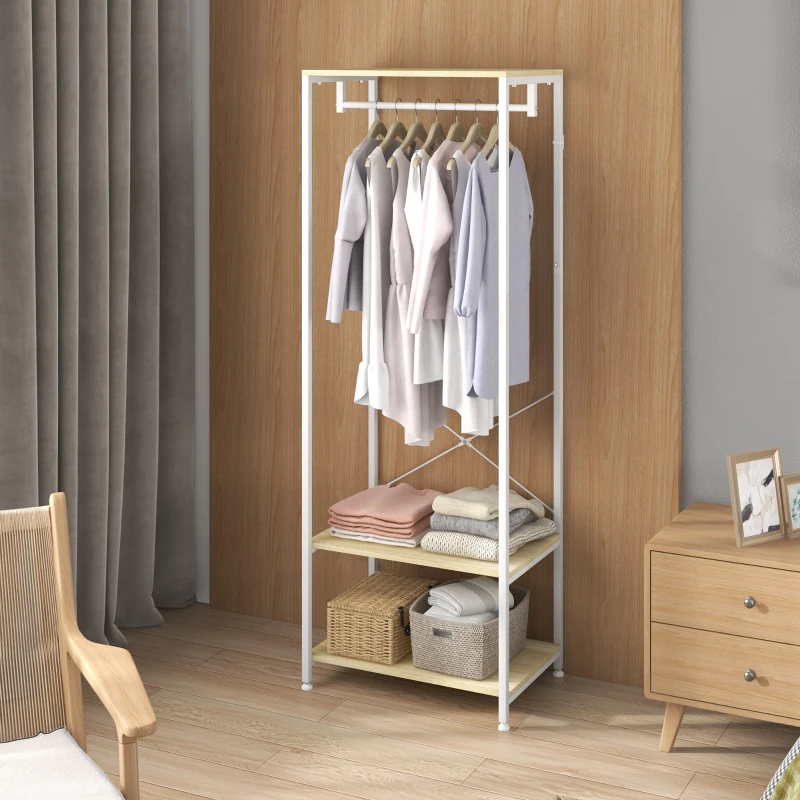 HOMCOM Porte-Manteaux avec tringle et 2 étagère à chaussures 60L x 40l x 167,5H cm Aspect bois Clair métal Blanc