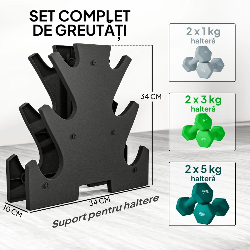 SPORTNOW Set de greutăți hexagonale, greutate totală de 18 kg, cu suport inclus, din oțel, metal și plastic, multicolor