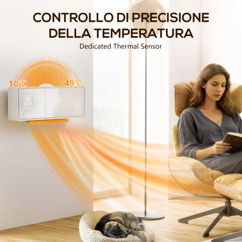 HOMCOM Stufa Ceramica 2000W a Parete con 3 Modalità, Temperatura Regolabile, Timer, Telecomando, Blocco Bambini, Bianco