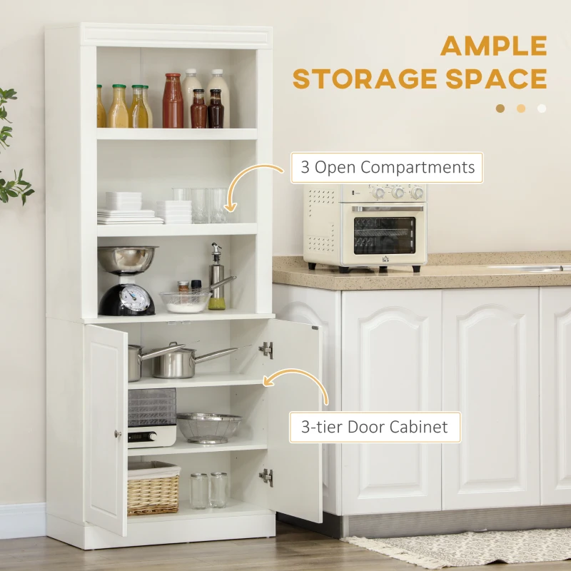 HOMCOM Kitchen Cupboard with 6-tier Shelving, Freestanding Storage Cabinet, Pantry Cupboard with 3 Open Compartments and Double-door Cabinet with Adjustable Shelves, White