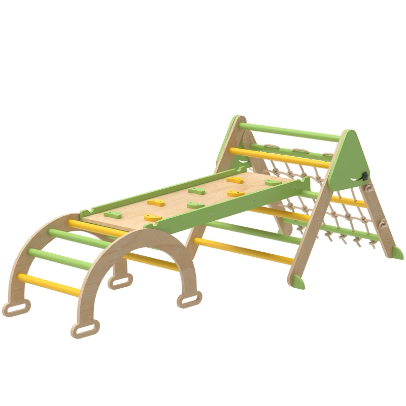 AIYAPLAY 8-in-1 Montessori Klettergerüst Indoor Holz Kletterdreieck mit Kletterbogen, doppelseitiger Rutsche, Grün