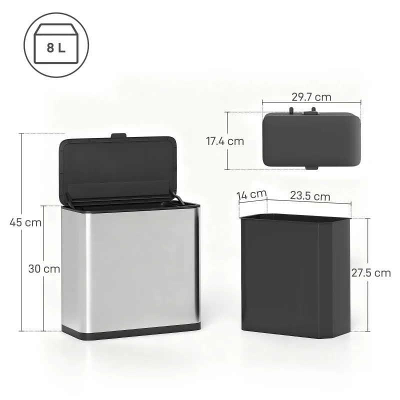HOMCOM 8L Hanging Kitchen Bin, Rubbish bin with Lid and Removable Inner Bucket for Under Cabinet Door, Under Sink, Office