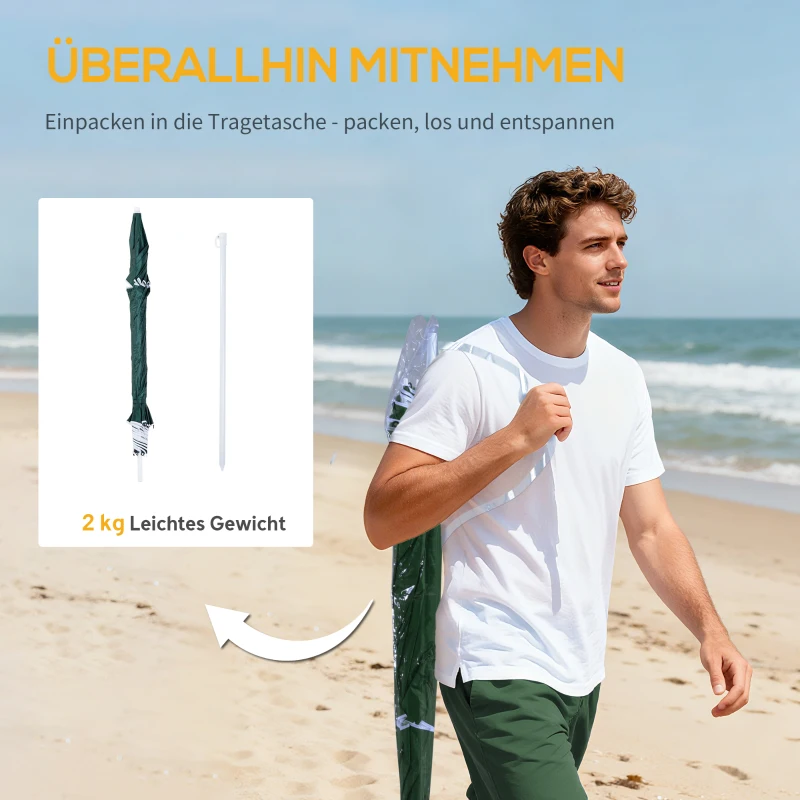 Outsunny 2 in 1 Sonnenschirm Strand Ø 210 cm UPF 50+ windfest Strandschirm mit Seitenwänden Tragtasche Balkon-Schirm faltbarer Gartenschirm Sonnenschutz für Reisen, Strand, Balkon Camping Dunkelgrün